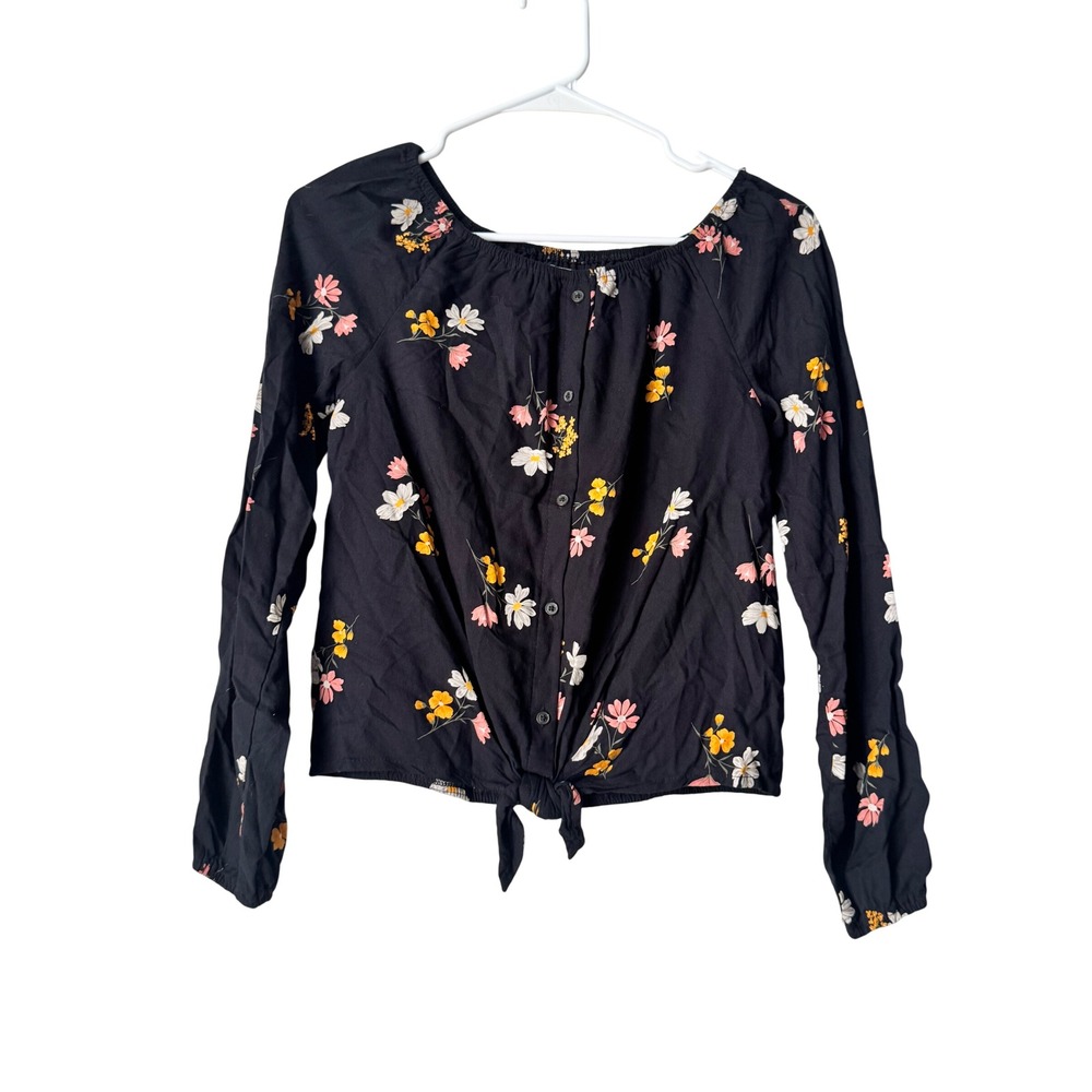 Abercrombie Kids Girls Black Floral Tie Front Button Down Top Size 13/14